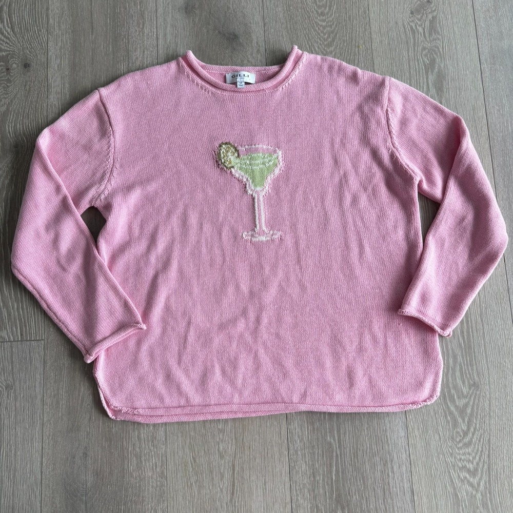 Gilli Womens Pink Knit Round Neck Streetwear Margarita Graphic Sweater Size M